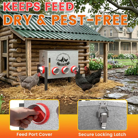 Heavy Duty Automatic Chicken Feeder With Clear Window And Eight Wide Ports For Zero Mess Coop Care, showing feed ports and locking latch.