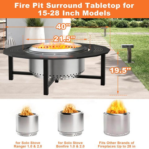 40 Inch Fire Pit Surround Tabletop With Cover For Bonfire And Ranger Pits Built To Last In Powder Coated Steel for safety and extra large space no fuss setup compatible with smokeless pits and 20 inch pits shown with dimensions