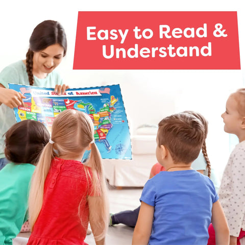 Teacher showing United States map for kids from United States Map For Kids And World Map For Kids Two Piece Set 24 By 16 Inches.