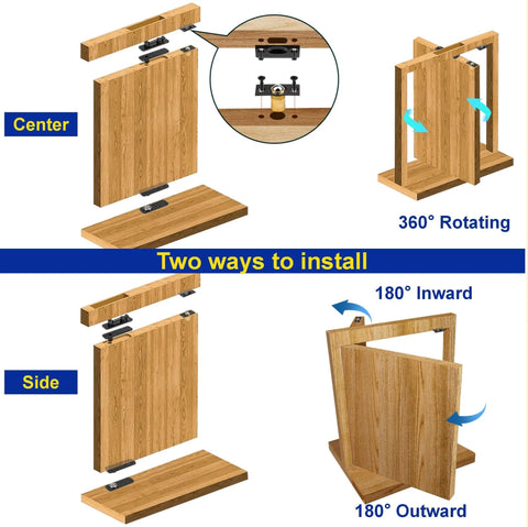 Diagram showing installation of Hidden Pivot Door Hinge Set For Bookcases And Murphy Doors 600 Lbs Load Bearing, 360 rotation
