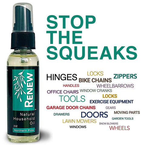 Front view of Renew Natural Household Oil Unscented All Purpose Lubricant Spray For Doors Hinges And Locks Eco Conscious Safe For Pets