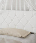 Twin Size Upholstered Platform Bedframe With Iconic Button Tufted Linen Headboard, Featuring Crisp White Aesthetic and Cozy Pillow.