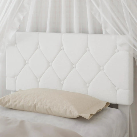 Twin Size Upholstered Platform Bedframe With Iconic Button Tufted Linen Headboard, Featuring Crisp White Aesthetic and Cozy Pillow.