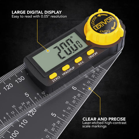 Kickass Aluminum Digital Angle Finder And Multipurpose Protractor Gauge with large display showing 200.8 degrees.