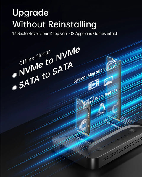 Image illustrating Dual Bay M.2 Nvme Ssd Cloner Dock Handles Up To 16TB Drives With Instant One To One Offline Duplication.