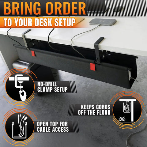 36 Inch Under Desk Cable Management Tray With No Drill Clamp On And Built In Ties showcasing heavy-duty metal clamps under desk.