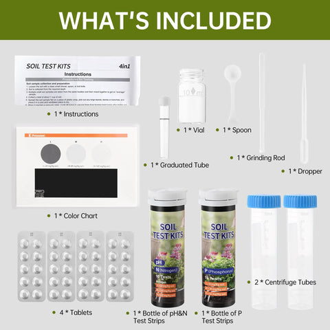 4-In-1 Soil Test Kit For PH, Nitrogen, Phosphorus And Potassium Levels - 40 Tests For Garden, Lawn, Yard, And Plant Care With Sampling Accessories Included, showing kit contents including instructions, tubes, and test strips.
