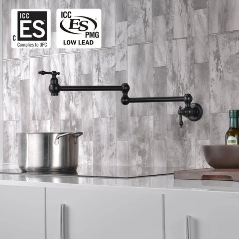 Bronze Pot Filler Faucet Wall Mount With Dual Swing Joints And 24 Inch Extension Oil Rubbed Bronze Finish Water On Demand For Stove Top ICCES PMG Certified ASME A112 18 1 CSA B125 1 2018 Compliant