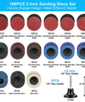 108Pcs 2 Inch Sanding Discs Set With One Quarter Inch Holder including aluminum oxide, zirconia oxide, nonwoven discs, and holder.