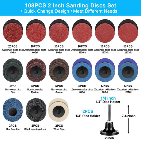 108Pcs 2 Inch Sanding Discs Set With One Quarter Inch Holder including aluminum oxide, zirconia oxide, nonwoven discs, and holder.