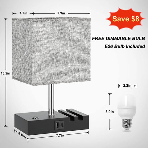 Touch Lamp With USB C And USB A Ports, 3 Level Brightness, black base with fabric shade, E26 bulb included, dimensions shown