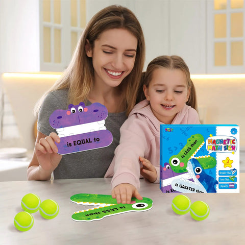 Woman and child using Magnetic Greater Than Less Than Equal Signs Math Set for Classroom Demonstrations on table.