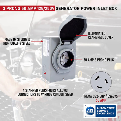 Plug And Play 50 Amp Generator Inlet Box With NEMA SS2-50P, weatherproof, 3 prong plug, steel construction, for RVs, 125/250V