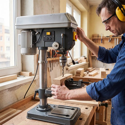 Person using drill press with 4 Inch Heavy Duty Vise For Drill Press And Small Bench Vise Built Tough For Home Shop Projects Ideal For Filing Sanding Metalworking Woodworking And Equipment Maintenance Cast Iron Construction.