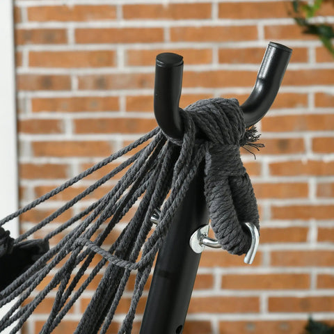 Close-up of dark gray weatherproof fabric ropes on Patio Hammock Chair With Stand For Outdoor Chill And Cozy Lounging Heavy Duty Hanging Swing.
