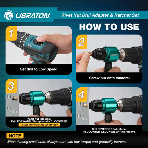 Step-by-step guide for using Rivet Nut Drill Adapter And Ratchet Wrench Kit with quick change mandrels and nuts.