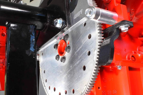 Close-up of LS swap torque converter hub adapter installed on non-LS transmission with LS and LT engines adapting to flywheel.