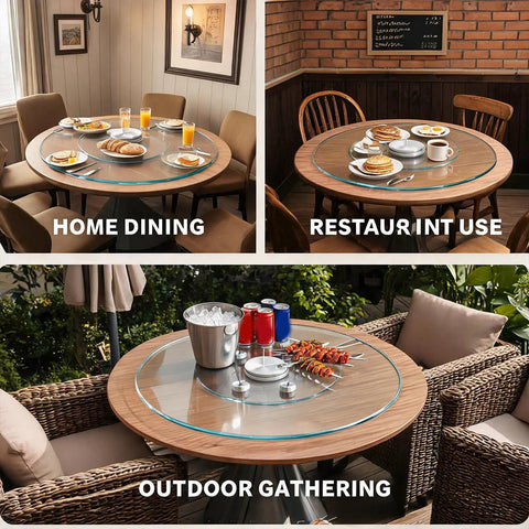 Game-Changing 7mm Tempered Glass Lazy Susan Turntable with meals for dining room, restaurant, and outdoor settings.