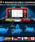CRP123 V2.0 OBD2 Diagnostic Scanner showing compatibility with global car brands for engine, ABS, SRS, transmission diagnostics