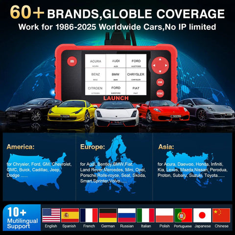 CRP123 V2.0 OBD2 Diagnostic Scanner showing compatibility with global car brands for engine, ABS, SRS, transmission diagnostics