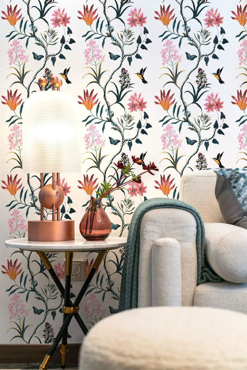 Living room with Pink Floral And Bird Peel And Stick Wallpaper For Cabinets And Bedrooms Self Adhesive Removable Vinyl With Butterfly Design