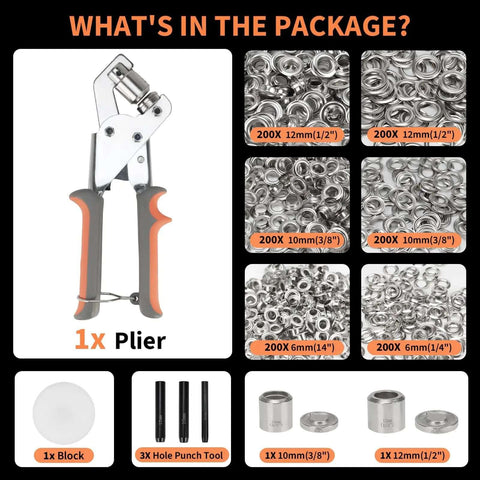 Heavy Duty Grommet Tool Kit With 6mm, 10mm And 12mm Hole Punch, 600 Metal Grommets And Eyelets, Pliers And Dies Included contents