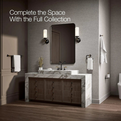 Bathroom with marble vanity, mirror, lighting fixtures, and Occasion Vertical Toilet Paper Holder With No-Fuss Easy-Access Spindle