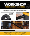 Long Two And A Half Inch By Thirteen Foot Locking Wet And Dry Shop Vacuum Hose With Dual Flex Ends attached to vacuum