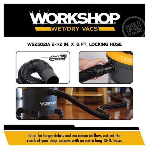 Long Two And A Half Inch By Thirteen Foot Locking Wet And Dry Shop Vacuum Hose With Dual Flex Ends attached to vacuum