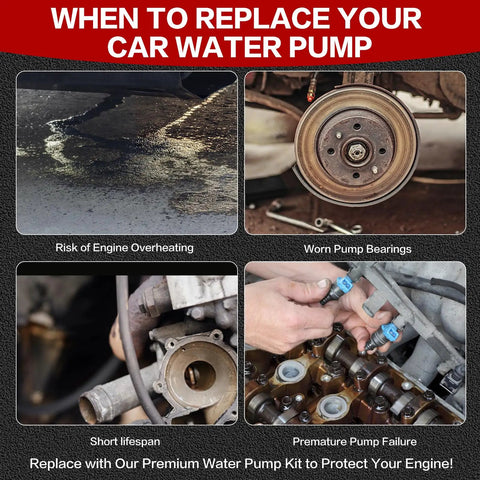 Image showing signs for when to replace your car water pump with Premium Water Pump Kit Fits Land Rover And Jaguar 3.0L SC V6 Plus 5.0L V8 Supercharged Engines Range Rover Sport LR4 Discovery Velar 2010 Through 2022.