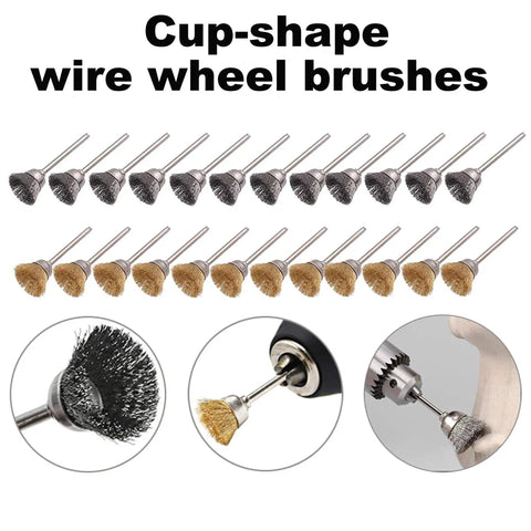 Cup-shape wire wheel brushes from 72 Pack Brass And Steel Wire Wheel Brushes Set With One Eighth Inch Shank For Rotary Tools.