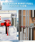 Image depicting pipes protected by Eight Pack Foam Pipe Insulation With Aluminum Foil For Outdoor Spigots And Water Lines Self Adhesive Neoprene Tube Wrap Pre Slit Three Quarters Inch Inner Diameter Winter Freeze Protection in a snowy setting and an indoor mechanical room.