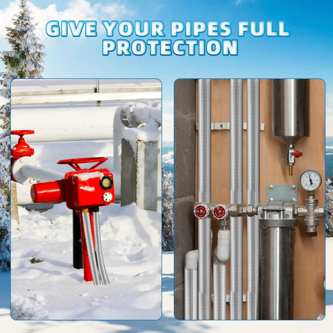 Image depicting pipes protected by Eight Pack Foam Pipe Insulation With Aluminum Foil For Outdoor Spigots And Water Lines Self Adhesive Neoprene Tube Wrap Pre Slit Three Quarters Inch Inner Diameter Winter Freeze Protection in a snowy setting and an indoor mechanical room.