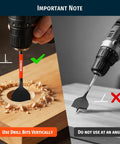 Shop Boss Spade Drill Bit Set And Paddle Flat Bits For Woodworking showing proper vertical use and misuse angle on wood.