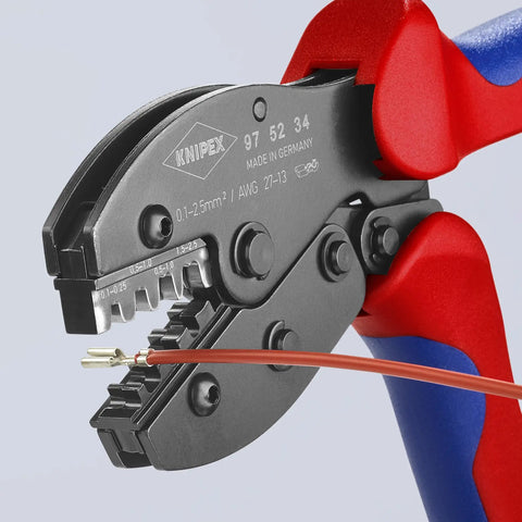 4-Position Contact Crimping Pliers with precise dies in use on wire, red and blue handle, AWG 27-13, 0.1-2.5 sq mm capacity