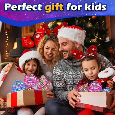 Family with kids unboxing Flying Orb Ball Hand Controlled Drone For Kids Outdoors With Gyro AI Tech Spinner Boomerang Globe Toy.