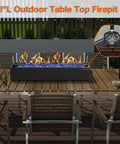 28 Inch Tabletop Propane Fire Pit With 40,000 BTU, Portable Outdoor Rectangular Fire Bowl on wooden patio table