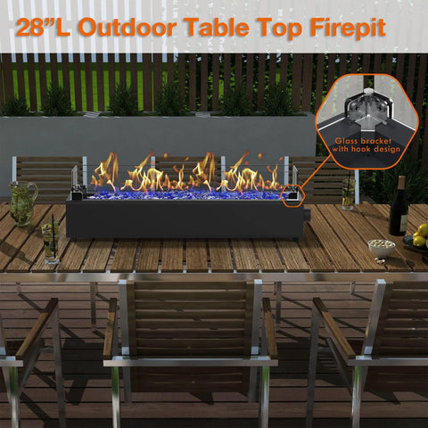 28 Inch Tabletop Propane Fire Pit With 40,000 BTU, Portable Outdoor Rectangular Fire Bowl on wooden patio table