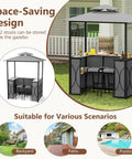 Outdoor Patio Bar Set With Grill Gazebo And Two Bar Stools, Three Piece Bar Table Set With Tempered Glass Bar Table, Double Tier Soft Top Canopy, Metal Storage Shelves And Glass Holders, Grey Backyard BBQ Shelter For Friends And Family Hangout
