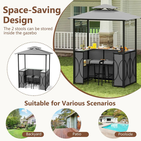 Outdoor Patio Bar Set With Grill Gazebo And Two Bar Stools, Three Piece Bar Table Set With Tempered Glass Bar Table, Double Tier Soft Top Canopy, Metal Storage Shelves And Glass Holders, Grey Backyard BBQ Shelter For Friends And Family Hangout