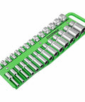 3/8 Inch Drive Magnetic Socket Organizer Tray Holds Up To 28 Sockets, Deep Tray With Secure Magnetic Grip For Toolbox, Shop Or Garage, Metric And SAE Sockets, Portable Green