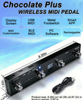 Chocolate Plus Wireless Bluetooth MIDI Foot Controller With Four Buttons displayed with features and dimensions.