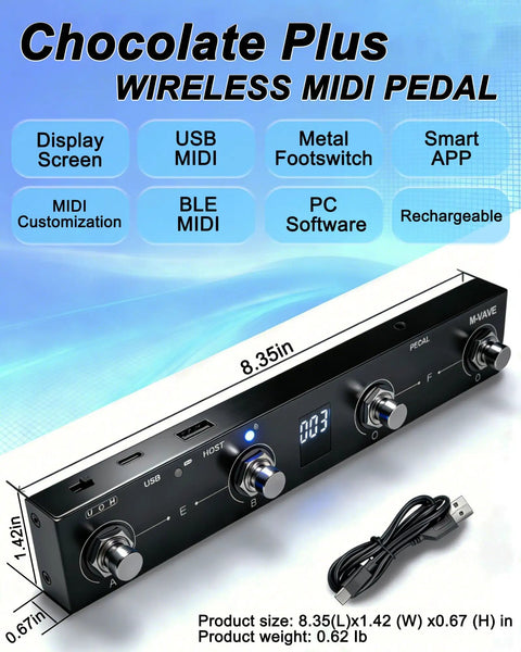 Chocolate Plus Wireless Bluetooth MIDI Foot Controller With Four Buttons displayed with features and dimensions.