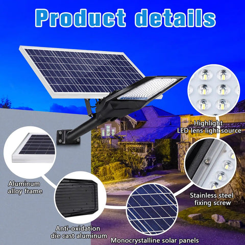 Beast Mode Bright 1000W LED Solar Street Light with Remote Control showing aluminum frame and solar panel close-ups
