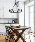 Kitchen with Black Farmhouse Wagon Wheel Chandelier With 8-Light 23.6 Inch Vintage Industrial Round Pendant Ceiling Light Fixture