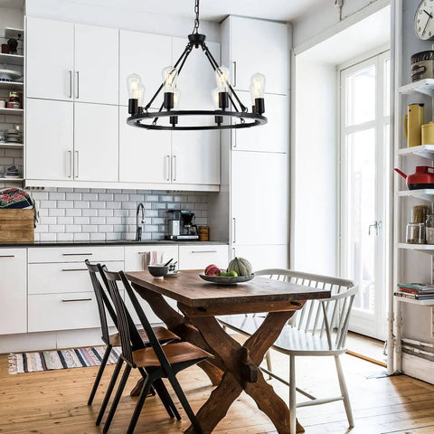 Kitchen with Black Farmhouse Wagon Wheel Chandelier With 8-Light 23.6 Inch Vintage Industrial Round Pendant Ceiling Light Fixture