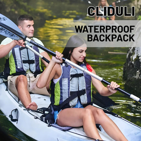 Couple kayaking with Ultra Dry Roll Top Waterproof Bag For Kayaking And Beach Adventures, Lightweight Floating Backpack.