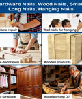 Collage of uses for Built Tough 3 Inch Stainless Steel 304 Hanging Nails 50 Pack For Picture Display Wall Mounting.