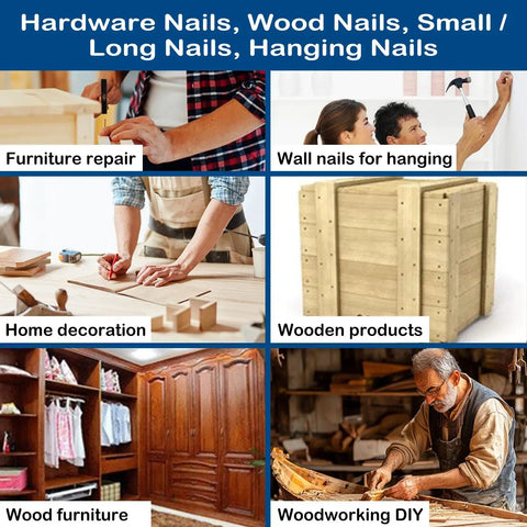 Collage of uses for Built Tough 3 Inch Stainless Steel 304 Hanging Nails 50 Pack For Picture Display Wall Mounting.