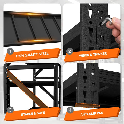 Beefy Heavy Duty Industrial Shelving Unit 71 Inch Wide 24 Inch Deep 69 Inch High 4 Tier Adjustable Metal Storage For Garage Warehouse Basement Shop And Office Commercial Grade, black steel close-up